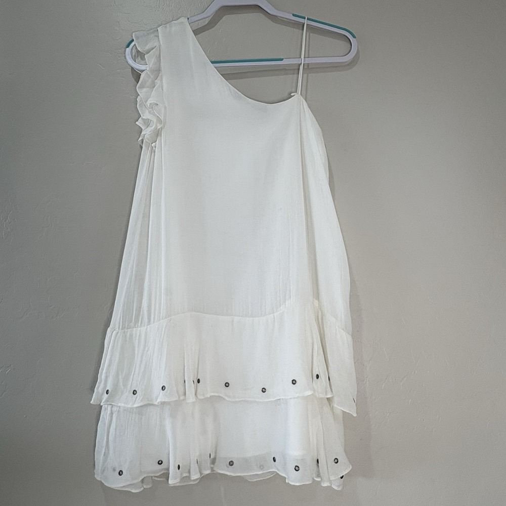 Zara Trafaluc Ivory One Shoulder Tiered Asymmetrical Metal Embellishment Dress S - Picture 6 of 12